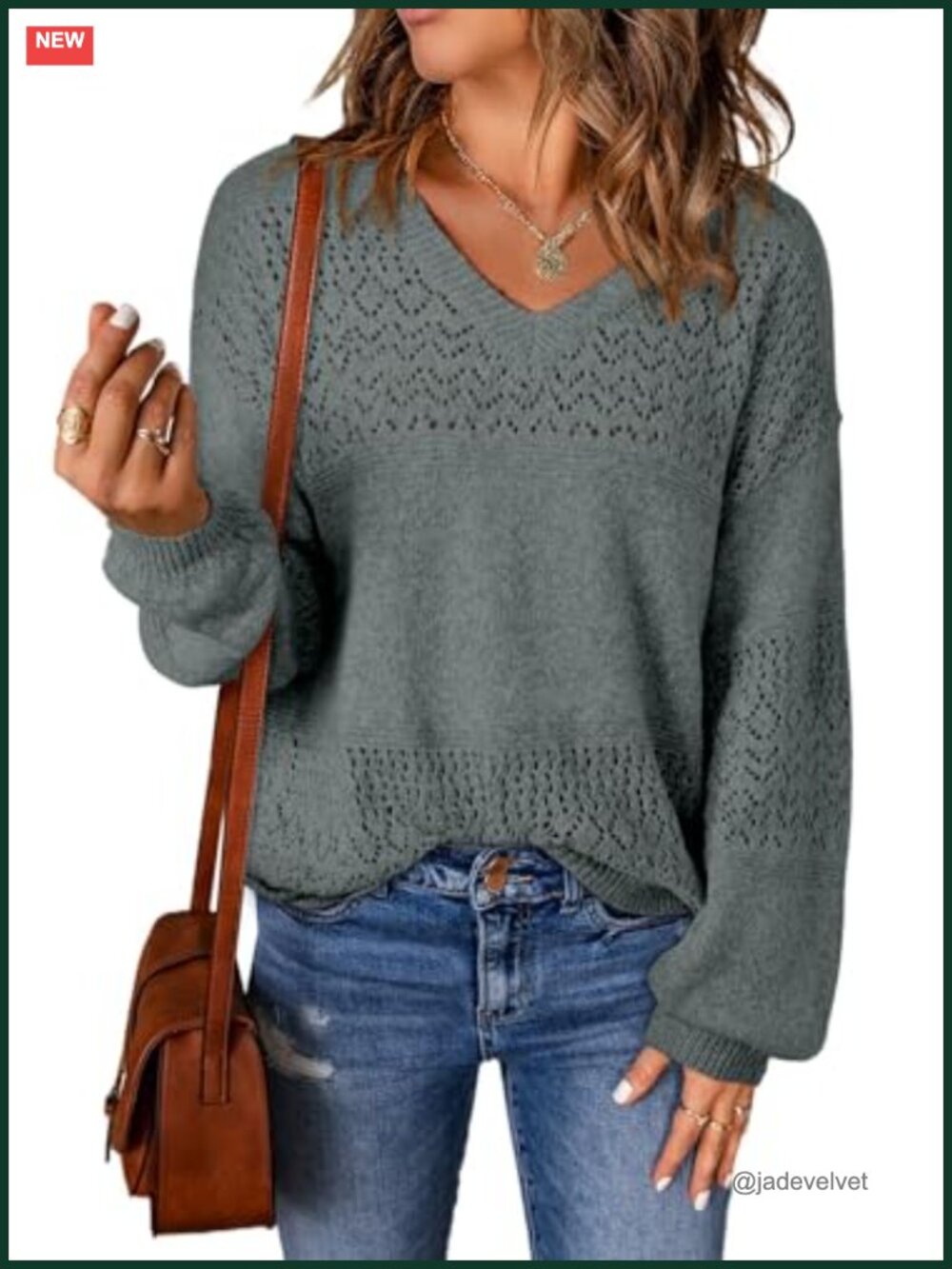 Women's Crochet Hollow-Out Long Sleeve V Neck Pullover Sweater